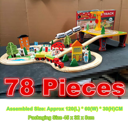 78 Pcs Wooden Railway Track Toy Early Educational Manual Control Car Set Gift
